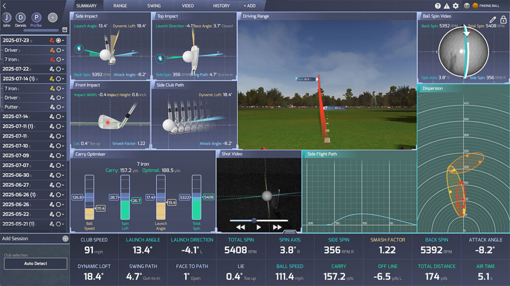 ProTee shot analysis interface showing measured ball and club data